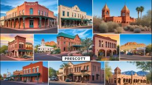 Collage of downtown Prescott, Arizona, featuring historic landmarks, brick buildings, and vibrant streetscapes.