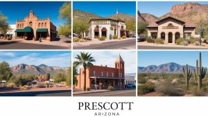 Collage of iconic buildings and scenic views in Prescott, Arizona, including historic architecture and desert landscapes.