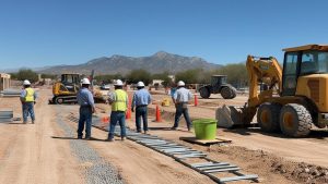 Team of workers inspecting a construction site with mountains in the background in Prescott, Arizona, highlighting infrastructure growth in the area.