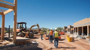 Construction workers and heavy machinery at a building site in Prescott, Arizona, showcasing active development projects under clear blue skies.