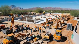 A busy construction site in Prescott Valley, Arizona, with workers and machinery actively building in a desert landscape.