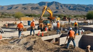 Construction workers and equipment at a development project in Prescott Valley, Arizona, with a scenic mountain backdrop.