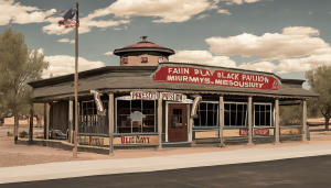 A rustic and historic pavilion building in Prescott Valley, Arizona, showcasing vintage architecture under a bright sky.