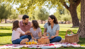 Happy family enjoying a picnic in a park in Prescott Valley, Arizona, with trees and sunny weather in the background.