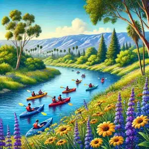 illustration of a group of friends kayaking on the scenic Santa Ana River, surrounded by lush greenery, vibrant wildflowers, and a backdrop of distant mountains.