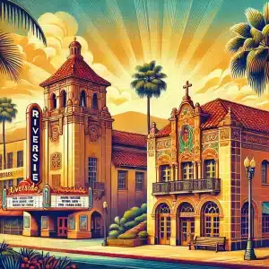 an illustration featuring Riverside's historical landmarks, including the Mission Inn Hotel, the Riverside Fox Theater, and the historic Harada House.