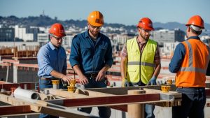 Construction team in safety gear, including orange helmets and vests, planning a project on a rooftop overlooking the San Francisco skyline.