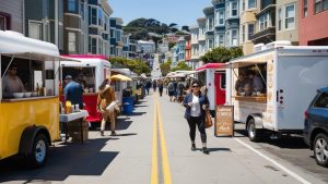 Image of a vibrant street food market in San Francisco, California, with food trucks and people enjoying outdoor dining on a sunny day.