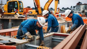 Construction workers in blue uniforms and helmets collaborating on a large-scale construction site in San Francisco, California.