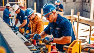 A group of skilled laborers in San Diego, California, working on a construction site with modern tools and equipment, highlighting the city's growth and infrastructure projects.