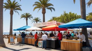 A vibrant outdoor food market in San Diego, California, featuring colorful vendor stalls under palm trees and a scenic coastal backdrop, attracting locals and tourists.