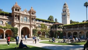 The historic architecture and lush green gardens of Balboa Park in San Diego, California, with visitors enjoying the scenic landmark and its cultural attractions.