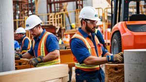 Construction workers in San Diego, California, wearing safety gear while actively engaged in a construction project, showcasing the city's thriving development industry.