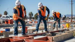 Construction team in San Jose, California, installing structural components on a sunny day, with palm trees visible in the background, symbolizing urban growth.