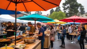 A vibrant outdoor food market in San Jose, California, showcasing diverse cuisine with colorful umbrellas, chefs preparing meals, and visitors enjoying the atmosphere.