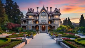 A stunning Victorian-style mansion in San Jose, California, surrounded by meticulously landscaped gardens at sunset, highlighting the city's historic charm.