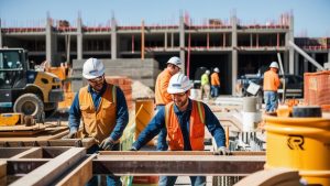 Construction workers in San Jose, California, collaborating on a building project at an active construction site, emphasizing teamwork and progress.