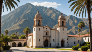 an image of the Mission San Bernardino de Sena, a Spanish colonial-style church with bell tower surrounded by palm trees and mountains in the background.