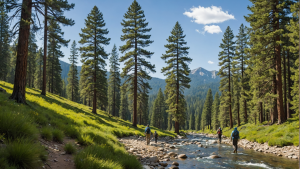 an image showcasing a group of hikers exploring the lush trails of San Bernardino National Forest. Include towering pine trees, a flowing stream, and distant mountain views under a clear sky.