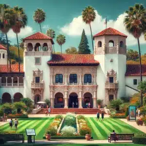 image of the iconic Bowers Museum, capturing its Spanish-inspired architecture, lush gardens, and the essence of Santa Ana's vibrant attractions.