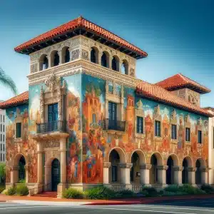 Image of a historic building in Santa Ana, California, featuring ornate Spanish colonial architecture with vibrant murals reflecting the city's cultural heritage.