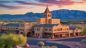 Sierra Vista, Arizona's iconic mission-style architecture against a picturesque mountain and desert backdrop at sunset.