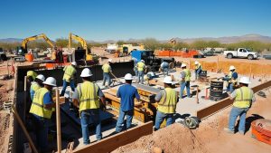 A construction site in Sierra Vista, Arizona, featuring workers, safety cones, and desert mountains in the distance under a sunny sky.