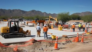 Construction workers in Sierra Vista, Arizona, collaborating on a commercial project with heavy machinery and clear blue skies in the background.