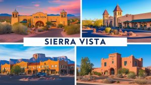 Collage showcasing scenic architecture and landmarks in Sierra Vista, Arizona, during sunset and daylight.