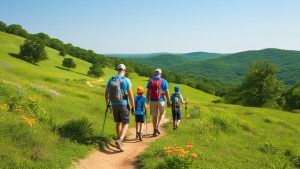 A family enjoying a scenic hike through lush green trails and rolling hills in Springdale, Arkansas, on a sunny day, highlighting outdoor activities and natural beauty.