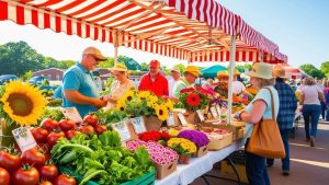 Vibrant farmers market in Springdale, Arkansas, featuring colorful fresh produce, sunflowers, and community members engaging with local vendors under red and white striped canopies.