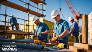 Construction workers in blue uniforms and hard hats actively working on a site in Springdale, Arkansas, showcasing local development and skilled labor in progress.