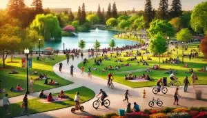 the image of a vibrant city park in Stockton, California, showcasing people engaged in various activities like biking, jogging, picnicking, and playing outdoor sports. The lush greenery, serene lake, and clear blue skies highlight the park's lively and inviting atmosphere.