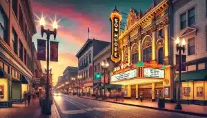 the image showcasing the historic Bob Hope Theatre in Stockton, California, complete with its iconic marquee, ornate architecture, and a lively street scene capturing the energy of this cultural landmark.