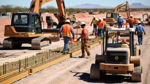 Construction site in Apache Junction, Arizona, with workers in safety gear operating heavy machinery amidst a backdrop of desert and mountains.