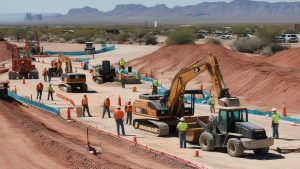 Expansive construction project in Apache Junction, Arizona, featuring excavators, workers, and a desert landscape with distant mountain ranges.