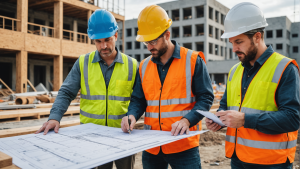 image of a diverse group of construction contractors discussing plans, examining blueprints, and inspecting tools. Show them collaborating and showcasing professionalism.