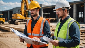 image of a diverse team of construction contractors reviewing blueprints, discussing plans, and inspecting a building site. Show teamwork, professionalism, attention to detail, and communication skills.