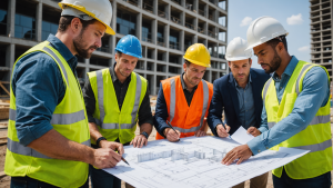 image of a skilled construction contractor overseeing a team of workers, collaborating with architects, inspecting a blueprint, and managing a project site efficiently to showcase the benefits of hiring a contractor.