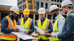 image showcasing a construction contractor overseeing a project site, discussing plans with the team, inspecting progress, coordinating deliveries, and ensuring safety measures are in place.