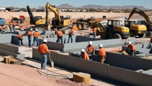 Construction workers at a job site in Bullhead City, Arizona, using heavy machinery to complete a commercial building project with desert mountains in the background.