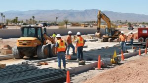 Crew of construction workers in Bullhead City, Arizona, preparing materials for a public infrastructure project with excavators and a mountainous desert landscape in view.