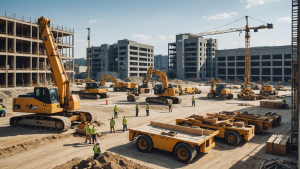 Image of a commercial construction contractor overseeing a project site, with workers engaged in tasks like framing, plumbing, electrical work, and landscaping. Include equipment like cranes, excavators, and scaffolding.