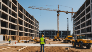 Image showcasing a busy construction site with workers in hard hats, heavy machinery, and materials being moved around. Highlight safety practices, skilled labor, and project coordination to emphasize the benefits of hiring a commercial construction contractor.