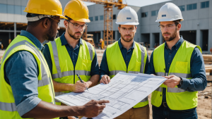 image showing a diverse team of construction workers on a commercial construction site, inspecting blueprints, discussing safety protocols, and using modern equipment.