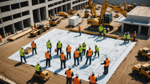 Image of a busy construction site with workers coordinating, equipment in motion, and a project manager overseeing the progress. Include a blueprint, safety signs, and a diverse team collaborating.