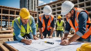 image showcasing a diverse team of construction workers collaborating on a commercial project site. Include blueprints, hard hats, tools, and a bustling construction environment to highlight the importance of commercial construction general contractors.