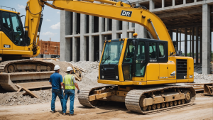 image showcasing a commercial construction general contractor offering services like site preparation, project management, interior design, and post-construction clean-up. Include various construction equipment, blueprints, and workers in action.