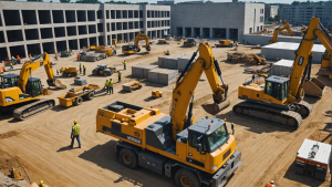 image showing a busy construction site with a general contractor overseeing workers, managing materials delivery, and coordinating different aspects of the project. Include various construction equipment and workers in action.