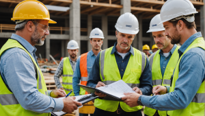 an image of a diverse team of construction professionals wearing hard hats and discussing plans on a construction site. Include various tools and materials in the background to illustrate the process of selecting the right general contractor.